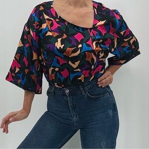 Show Me Your MuMu Good Times Abstract Mosiac Print Luxe Satin Blouse Top